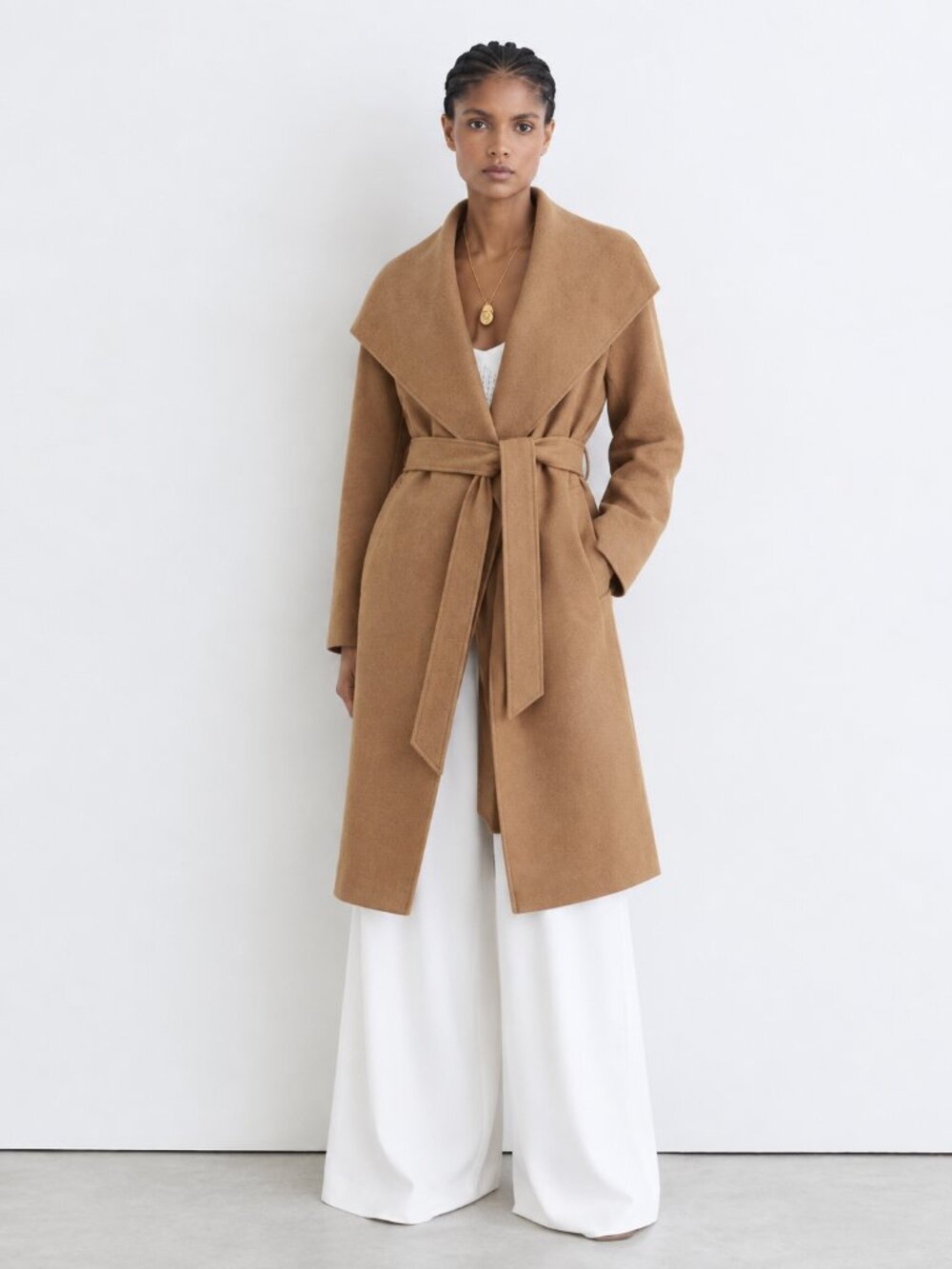 Camel Brown Belted Waterfall Coat, Simplee Size L